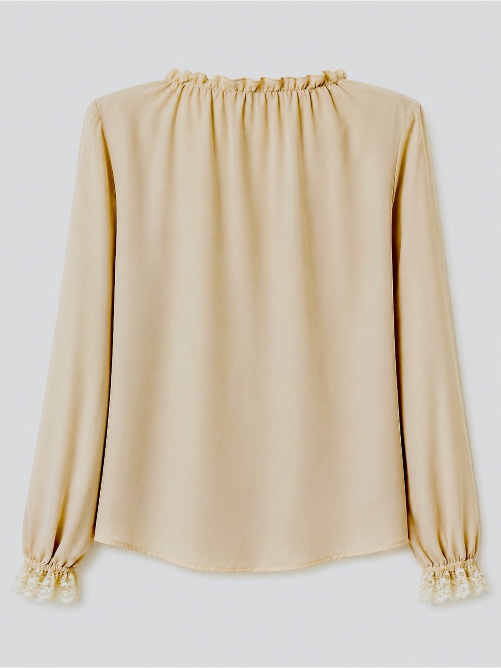 Grace Karin Blouse beige long sleeves round ruffle neck lace cuffs size M - Picture 3 of 8